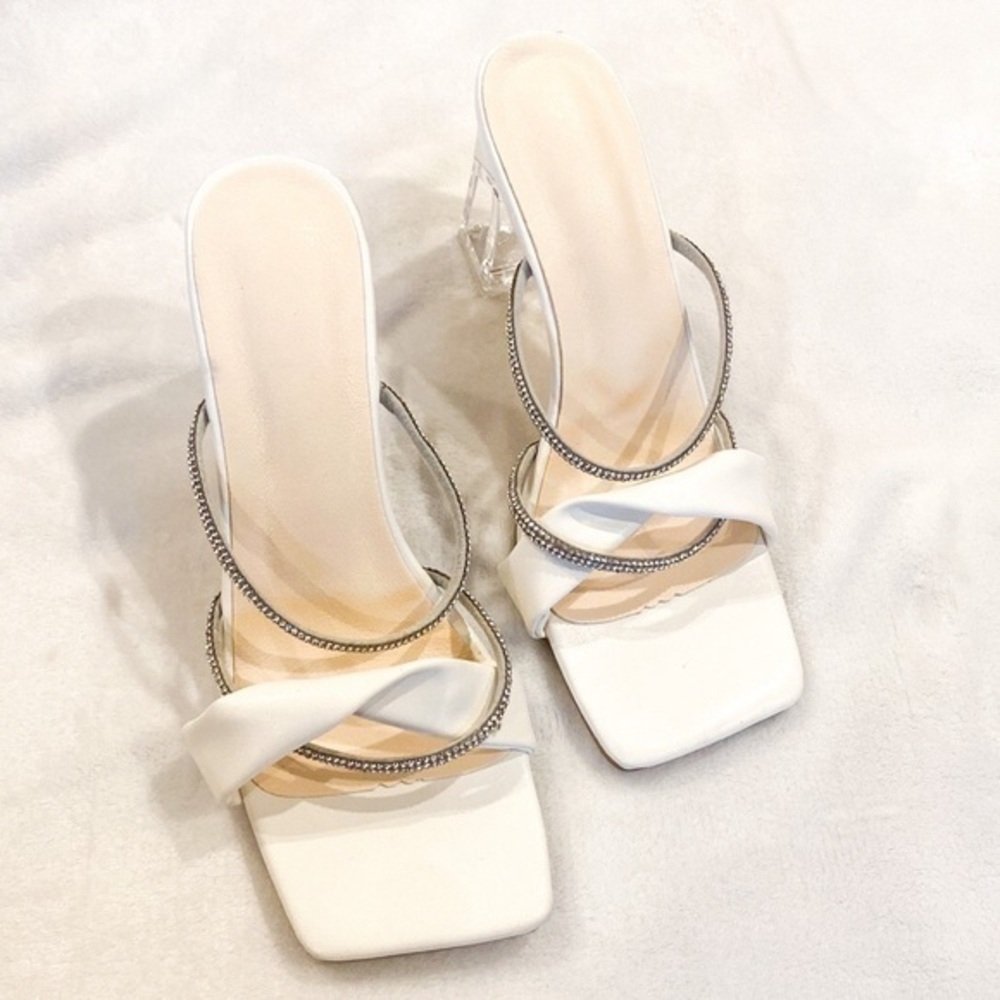 Classy white bridal formal rhinestone slide clear heel